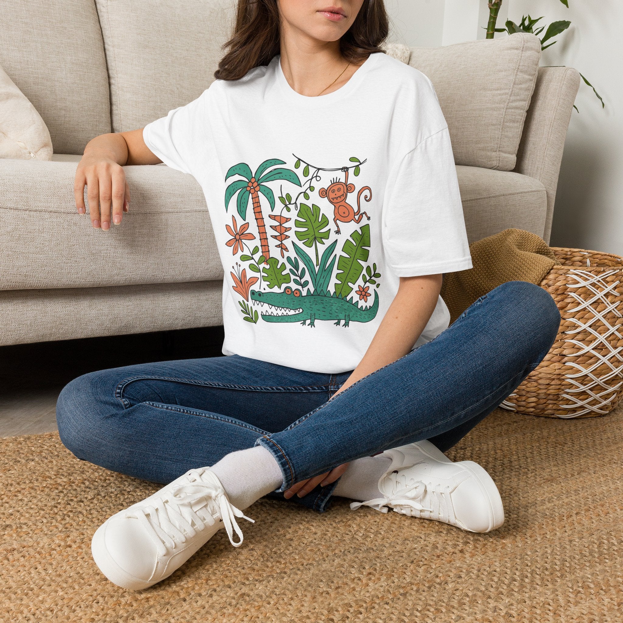T-Shirt — Playful Jungle Animals Tee (Monkey & Crocodile Tropical Graphic)